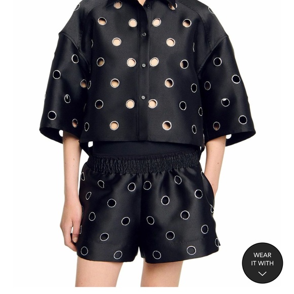 Sandro Black Rhinestone Cutout Shirt and Shorts - Picture 1 of 6